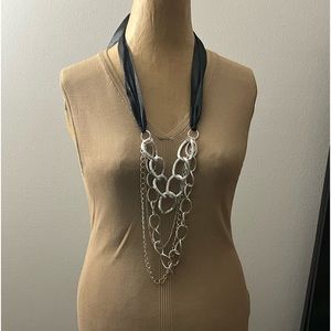 Large Layered Silver tone Chain Black Ribbon Necklace